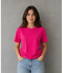 Basic Pamuklu Tişört Bisiklet Yaka Düz Renk Relaxed Fit T-Shirt - Fuşya