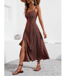 Kadın Ip Askılı Geniş V Yakalı Desenli Yırtmaçlı Süprem Midi Elbise