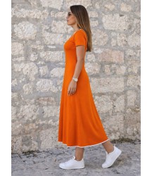 Kadın Kısa Kollu Yuvarlak Yakalı Yakası Renkli Kiloş Midi Viskon Elbise