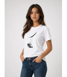 Astronot Ay Temalı Tişört Kısa Kol Yazlık Bisiklet Yaka T-Shirt - Beyaz