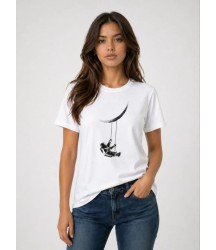 Astronot Ay Temalı Tişört Kısa Kol Yazlık Bisiklet Yaka T-Shirt - Beyaz
