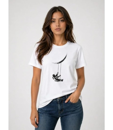 Astronot Ay Temalı Tişört Kısa Kol Yazlık Bisiklet Yaka T-Shirt - Beyaz Astronot Ay Temalı Tişört Kısa Kol Yazlık Bisiklet Yaka T-Shirt - Beyaz