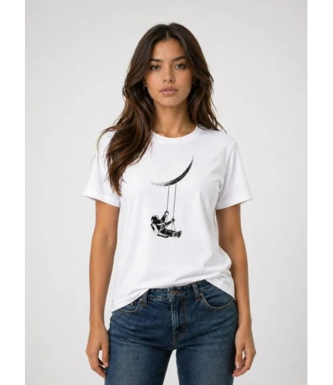 Astronot Ay Temalı Tişört Kısa Kol Yazlık Bisiklet Yaka T-Shirt - Beyaz Astronot Ay Temalı Tişört Kısa Kol Yazlık Bisiklet Yaka T-Shirt - Beyaz