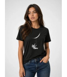 Astronot Ay Temalı Tişört Kısa Kol Yazlık Bisiklet Yaka T-Shirt - Siyah