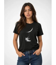 Astronot Ay Temalı Tişört Kısa Kol Yazlık Bisiklet Yaka T-Shirt - Siyah