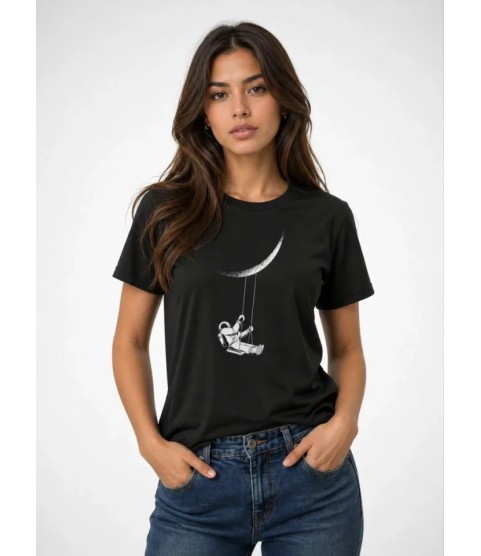 Astronot Ay Temalı Tişört Kısa Kol Yazlık Bisiklet Yaka T-Shirt - Siyah Astronot Ay Temalı Tişört Kısa Kol Yazlık Bisiklet Yaka T-Shirt - Siyah