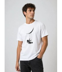 Erkek Astronot Ay Temalı Tişört Kısa Kol Yazlık Bisiklet Yaka T-Shirt - Beyaz
