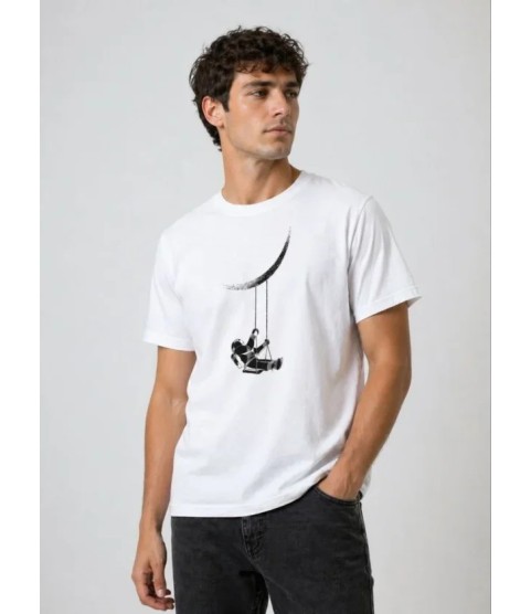 Erkek Astronot Ay Temalı Tişört Kısa Kol Yazlık Bisiklet Yaka T-Shirt - Beyaz