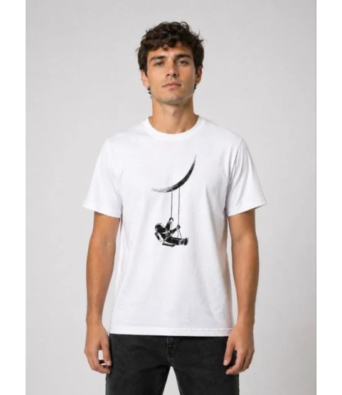 Erkek Astronot Ay Temalı Tişört Kısa Kol Yazlık Bisiklet Yaka T-Shirt - Beyaz