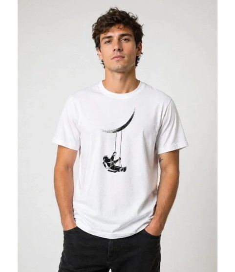 Erkek Astronot Ay Temalı Tişört Kısa Kol Yazlık Bisiklet Yaka T-Shirt - Beyaz