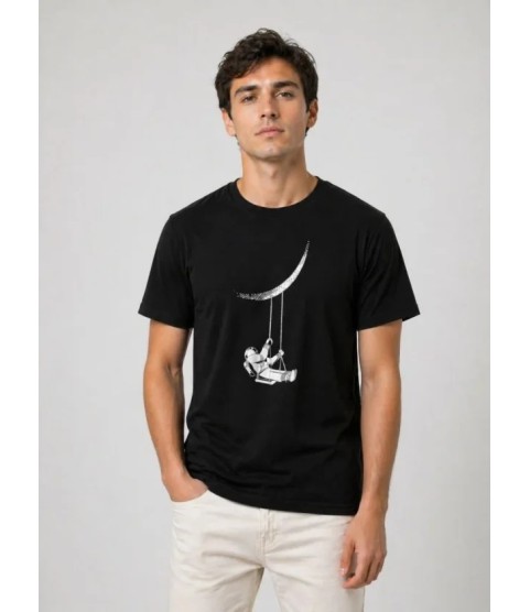 Erkek Astronot Ay Temalı Tişört Kısa Kol Yazlık Bisiklet Yaka T-Shirt - Siyah