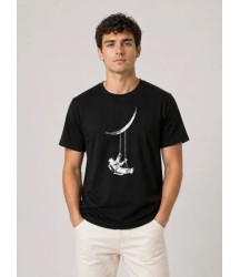 Erkek Astronot Ay Temalı Tişört Kısa Kol Yazlık Bisiklet Yaka T-Shirt - Siyah