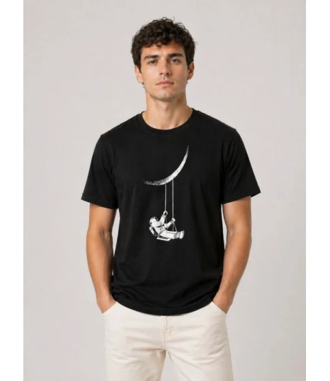 Erkek Astronot Ay Temalı Tişört Kısa Kol Yazlık Bisiklet Yaka T-Shirt - Siyah
