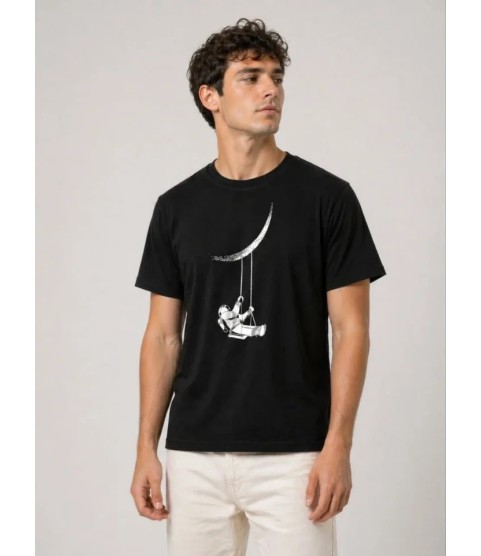 Erkek Astronot Ay Temalı Tişört Kısa Kol Yazlık Bisiklet Yaka T-Shirt - Siyah