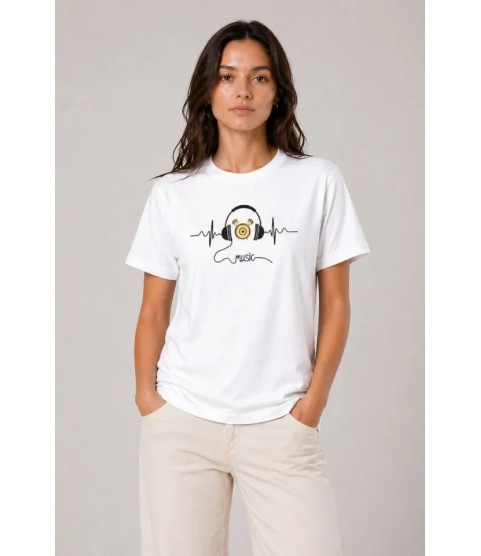 Müzik Temalı Baskılı Tişört Bisiklet Yaka Kısa Kol T-Shirt - Beyaz Müzik Temalı Baskılı Tişört Bisiklet Yaka Kısa Kol T-Shirt - Beyaz