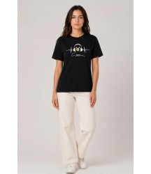 Müzik Temalı Baskılı Tişört Bisiklet Yaka Kısa Kol T-Shirt - Siyah