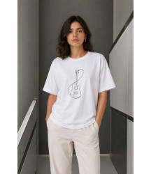 Minimal Gitar Baskılı Tişört T-Shirt Yazlık Kısa Kol Bisiklet Yaka T-Shirt  - Beyaz