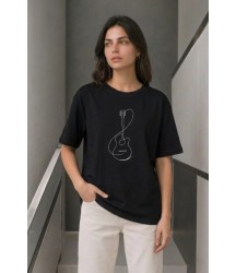 Minimal Gitar Baskılı Tişört T-Shirt Yazlık Kısa Kol Bisiklet Yaka T-Shirt - Siyah
