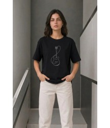 Minimal Gitar Baskılı Tişört T-Shirt Yazlık Kısa Kol Bisiklet Yaka T-Shirt - Siyah