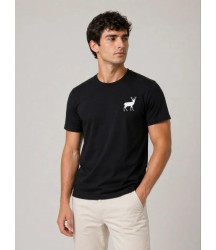 Erkek Minimal Geyik Logolu Tişört Bisiklet Yaka Kısa Kol Yazlık T-Shirt - Siyah
