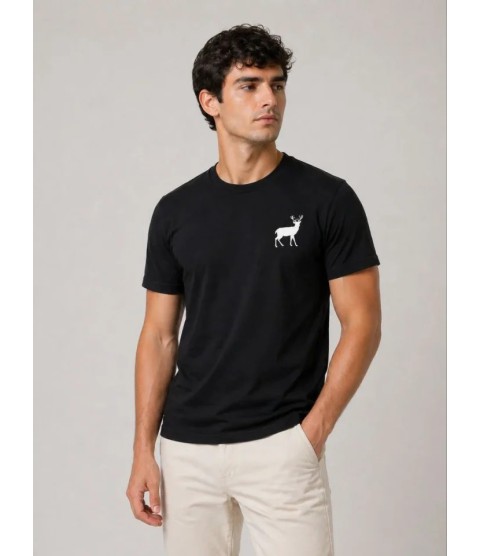 Erkek Minimal Geyik Logolu Tişört Bisiklet Yaka Kısa Kol Yazlık T-Shirt - Siyah
