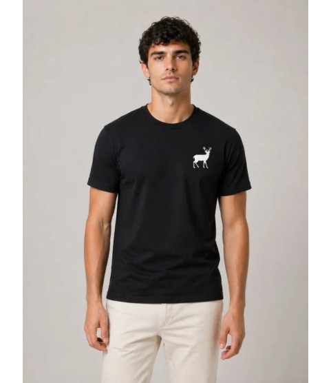 Erkek Minimal Geyik Logolu Tişört Bisiklet Yaka Kısa Kol Yazlık T-Shirt - Siyah