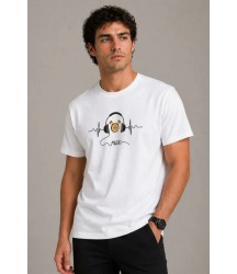 Erkek Müzik Temalı Baskılı Tişört Bisiklet Yaka Kısa Kol T-Shirt - Beyaz