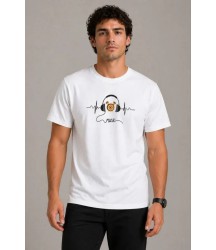 Erkek Müzik Temalı Baskılı Tişört Bisiklet Yaka Kısa Kol T-Shirt - Beyaz