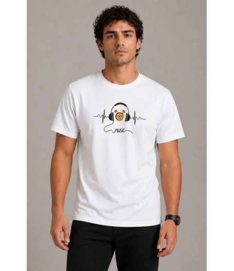 Erkek Müzik Temalı Baskılı Tişört Bisiklet Yaka Kısa Kol T-Shirt - Beyaz
