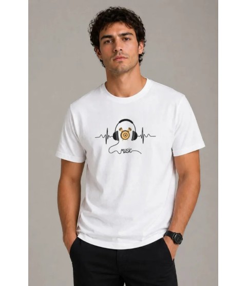 Erkek Müzik Temalı Baskılı Tişört Bisiklet Yaka Kısa Kol T-Shirt - Beyaz