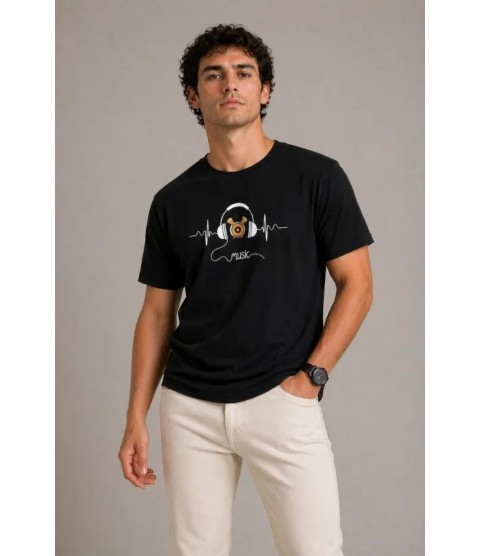 Erkek Müzik Temalı Baskılı Tişört Bisiklet Yaka Kısa Kol T-Shirt - Siyah