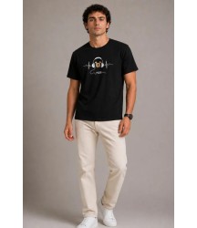 Erkek Müzik Temalı Baskılı Tişört Bisiklet Yaka Kısa Kol T-Shirt - Siyah