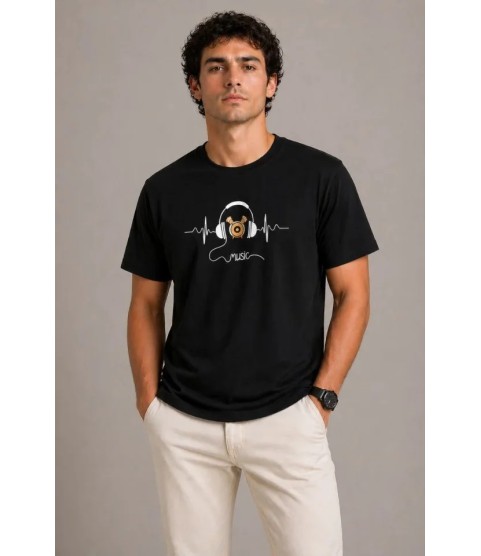 Erkek Müzik Temalı Baskılı Tişört Bisiklet Yaka Kısa Kol T-Shirt - Siyah