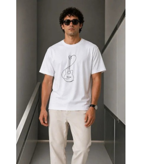 Erkek Minimal Gitar Baskılı Tişört T-Shirt Yazlık Kısa Kol Bisiklet Yaka T-Shirt - Beyaz