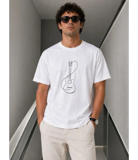 Erkek Minimal Gitar Baskılı Tişört T-Shirt Yazlık Kısa Kol Bisiklet Yaka T-Shirt - Beyaz