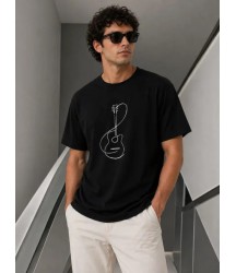 Erkek Minimal Gitar Baskılı Tişört T-Shirt Yazlık Kısa Kol Bisiklet Yaka T-Shirt - Siyah