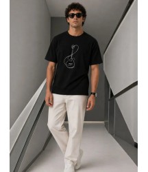 Erkek Minimal Gitar Baskılı Tişört T-Shirt Yazlık Kısa Kol Bisiklet Yaka T-Shirt - Siyah