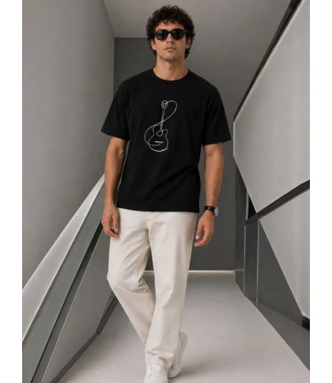 Erkek Minimal Gitar Baskılı Tişört T-Shirt Yazlık Kısa Kol Bisiklet Yaka T-Shirt - Siyah