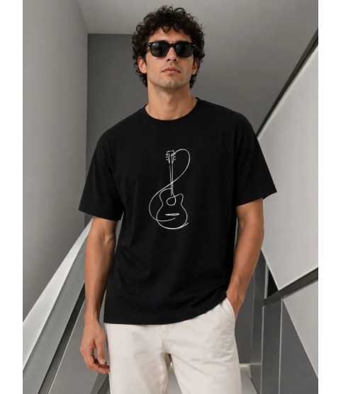 Erkek Minimal Gitar Baskılı Tişört T-Shirt Yazlık Kısa Kol Bisiklet Yaka T-Shirt - Siyah