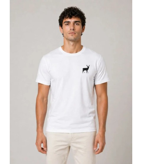 Erkek Minimal Geyik Logolu Tişört Bisiklet Yaka Kısa Kol Yazlık T-Shirt - Beyaz