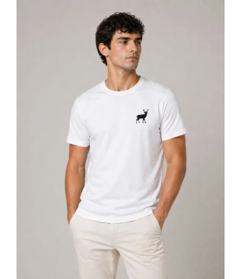 Erkek Minimal Geyik Logolu Tişört Bisiklet Yaka Kısa Kol Yazlık T-Shirt - Beyaz
