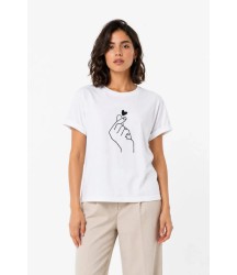 Kore Parmak Kalp Aşk Temalı Minimal Baskılı Tişört Yazlık Kısa Kol T-Shirt  - Beyaz
