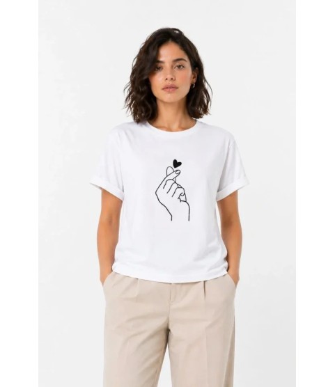 Kore Parmak Kalp Aşk Temalı Minimal Baskılı Tişört Yazlık Kısa Kol T-Shirt - Beyaz Kore Parmak Kalp Aşk Temalı Minimal Baskılı Tişört Yazlık Kısa Kol T-Shirt - Beyaz