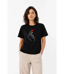 Kore Parmak Kalp Aşk Temalı Minimal Baskılı Tişört Yazlık Kısa Kol T-Shirt - Siyah