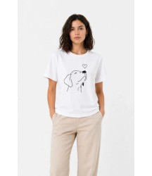 Köpek Figürlü Minimal Baskılı Tişört Kısa Kol Yazlık T-Shirt - Beyaz