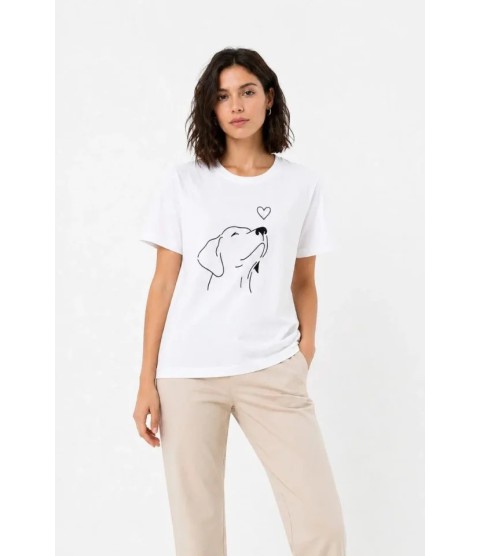 Köpek Figürlü Minimal Baskılı Tişört Kısa Kol Yazlık T-Shirt - Beyaz Köpek Figürlü Minimal Baskılı Tişört Kısa Kol Yazlık T-Shirt - Beyaz