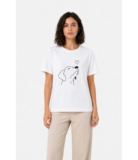 Köpek Figürlü Minimal Baskılı Tişört Kısa Kol Yazlık T-Shirt - Beyaz Köpek Figürlü Minimal Baskılı Tişört Kısa Kol Yazlık T-Shirt - Beyaz