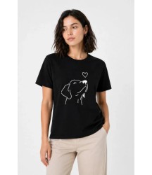 Köpek Figürlü Minimal Baskılı Tişört Kısa Kol Yazlık T-Shirt - Siyah