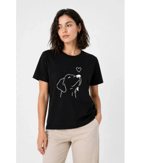 Köpek Figürlü Minimal Baskılı Tişört Kısa Kol Yazlık T-Shirt - Siyah Köpek Figürlü Minimal Baskılı Tişört Kısa Kol Yazlık T-Shirt - Siyah