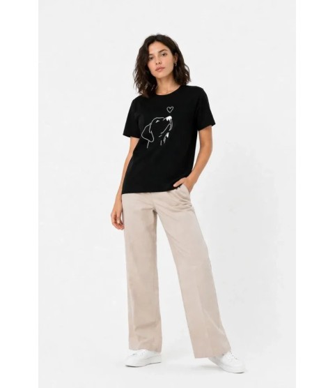 Köpek Figürlü Minimal Baskılı Tişört Kısa Kol Yazlık T-Shirt - Siyah Köpek Figürlü Minimal Baskılı Tişört Kısa Kol Yazlık T-Shirt - Siyah